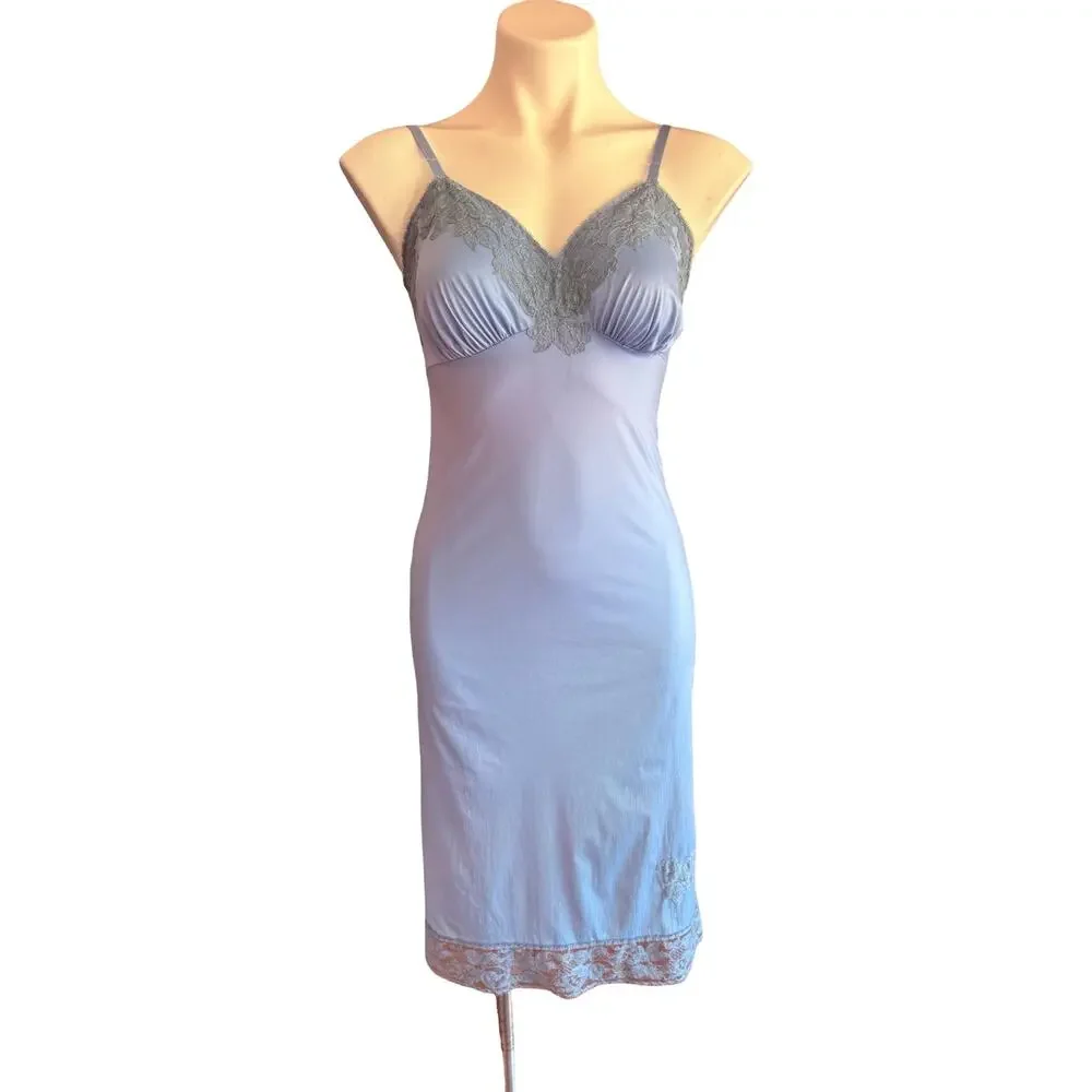 Vintage 60s Van Raalte Periwinkle Blue Nylon Slip Lace Applique Side Slit Sz 32